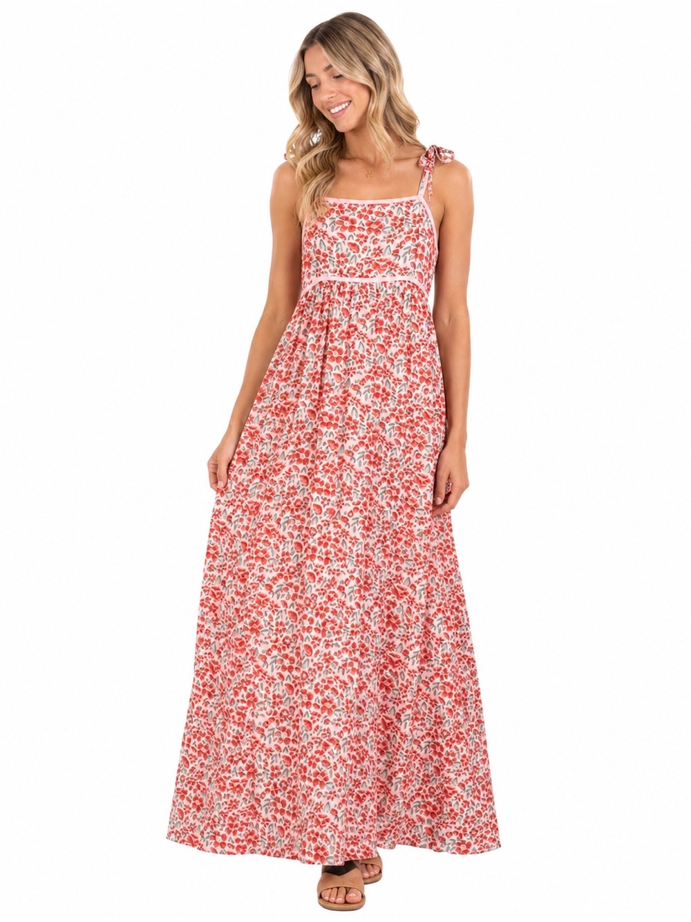 Pink Lily Peach Floral Babydoll Maxi Dress with Smocked Back Size Small